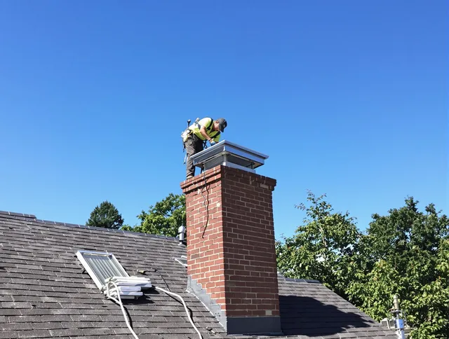 Tallmadge Chimney Sweep technician measuring a chimney cap in Tallmadge, OH